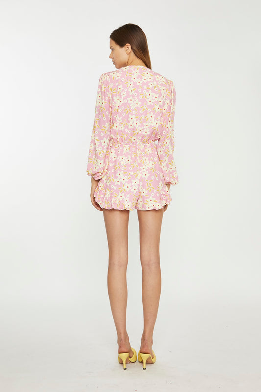 Pink-Olive-Yellow-Flower Tie-Front Plunge Playsuit