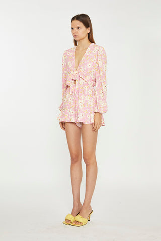 Pink-Olive-Yellow-Flower Tie-Front Plunge Playsuit