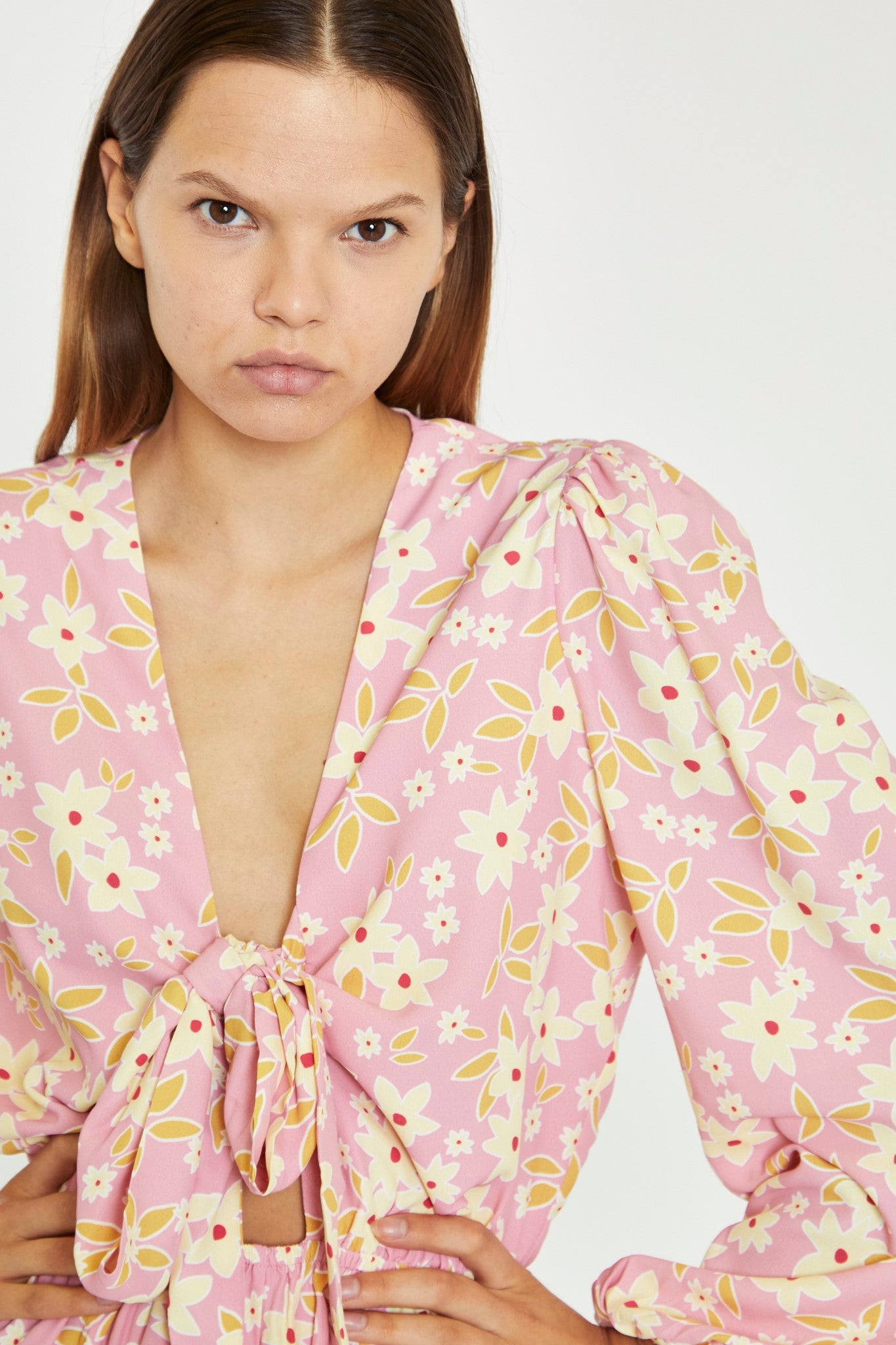 Pink-Olive-Yellow-Flower Tie-Front Plunge Playsuit