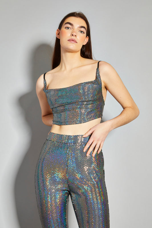 Glamorous Silver Holographic Cowl Neck Crop Top