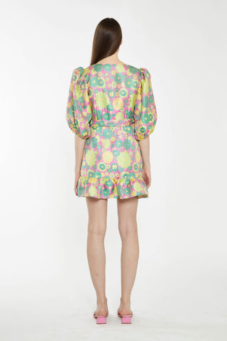 Pink-60s-Flower-Jacquard Wrap Mini Dress