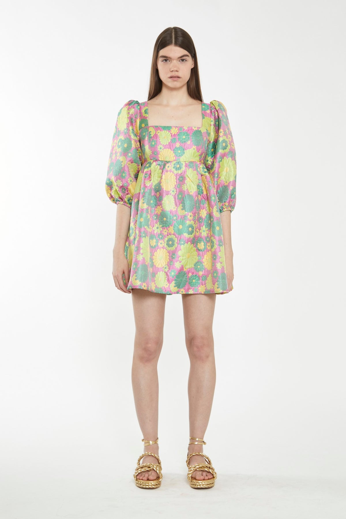 Pink-60s-Flower-Jacquard Babydoll Mini Dress