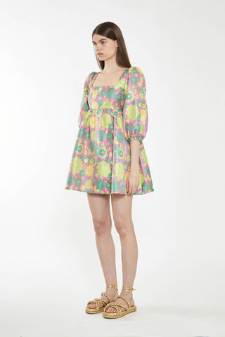 Pink-60s-Flower-Jacquard Babydoll Mini Dress