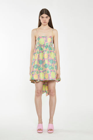 Pink-60s-Flower-Jacquard Tie Detail Mini Dress