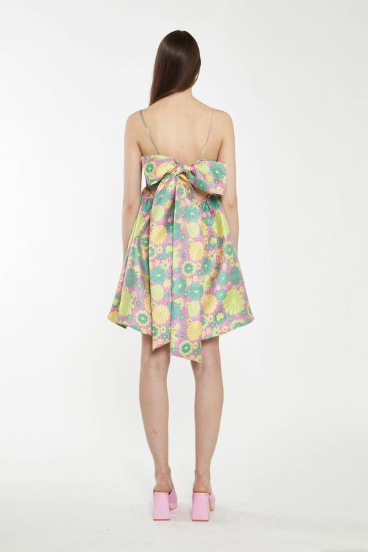 Pink-60s-Flower-Jacquard Tie Detail Mini Dress