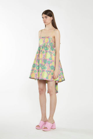 Pink-60s-Flower-Jacquard Tie Detail Mini Dress