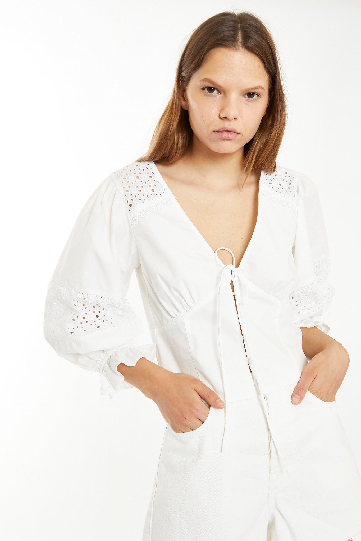 Off White Broderie Panelled Blouse