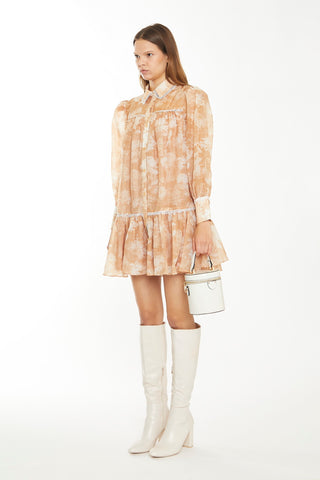Tan White Floral Mini Shirt-Dress