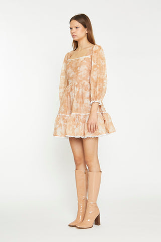 Tan White Floral Tiered Mini-Dress