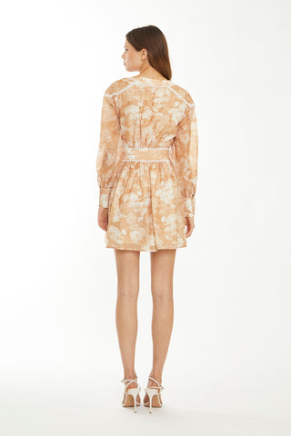 Tan White Floral Button-Through Mini-Dress