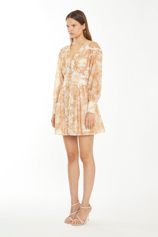 Tan White Floral Button-Through Mini-Dress