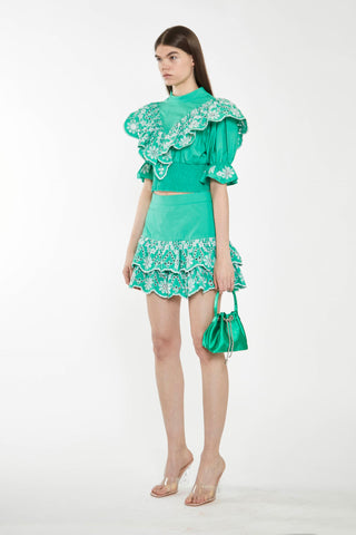 Green Broderie Ruffle Crop Top