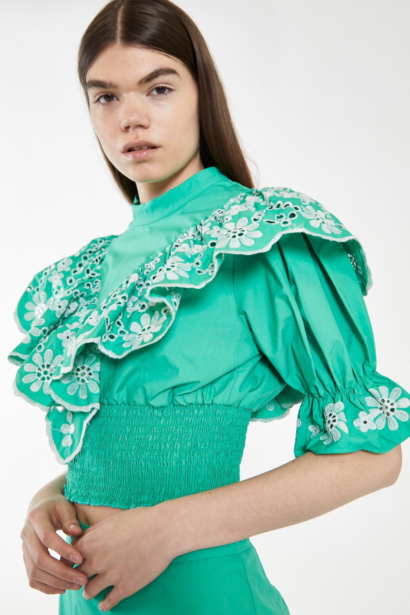 Green Broderie Ruffle Crop Top