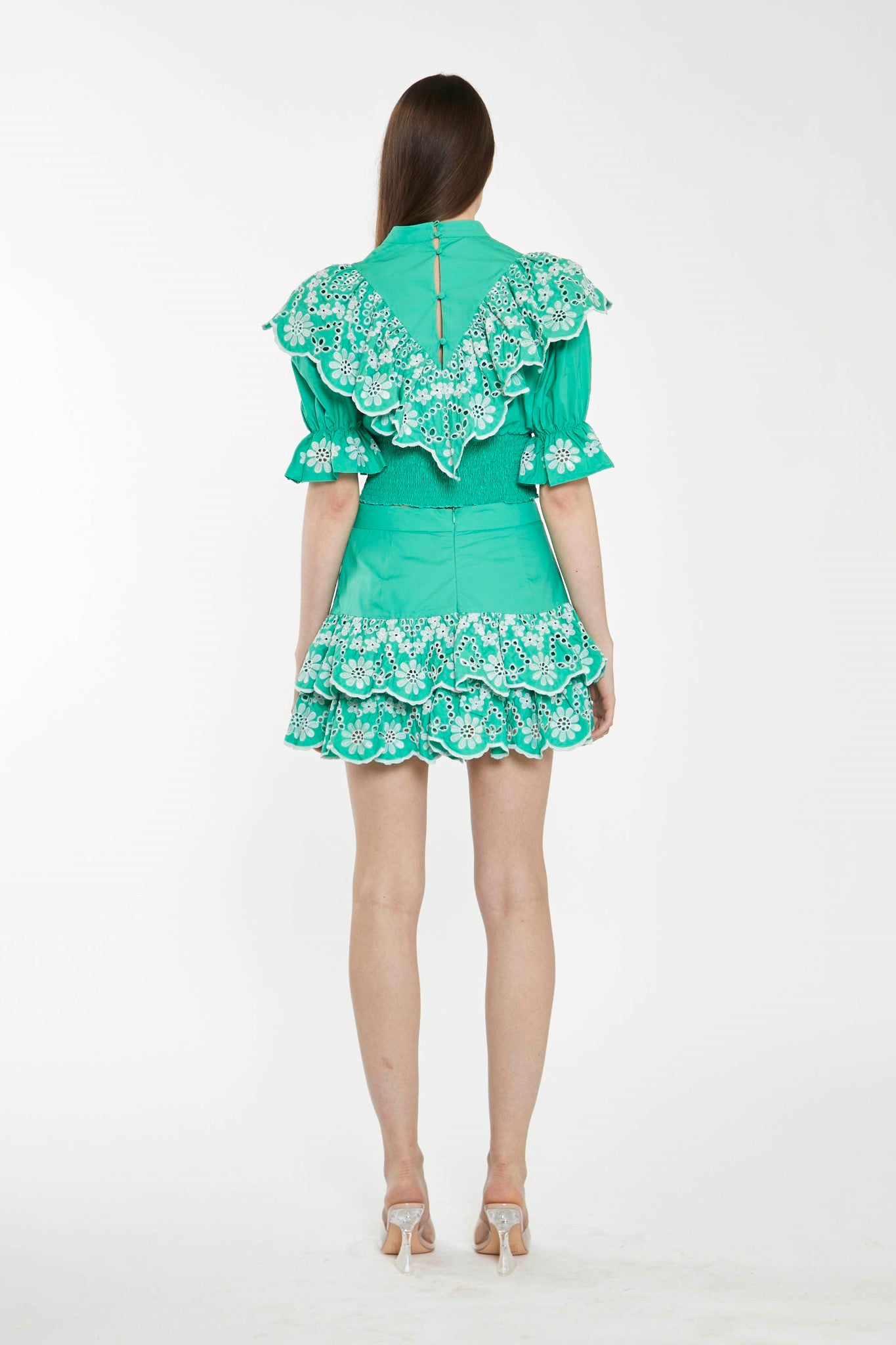 Green Broderie Ruffle Mini Skirt