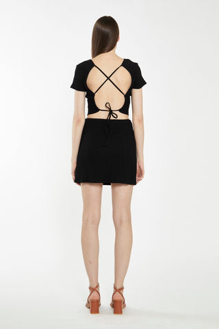 Glamorous Black Rib Open Strappy Back Short Sleeve Top