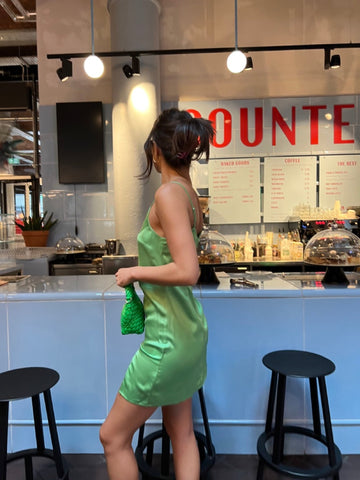 Green Satin Split Front Mini-Dress