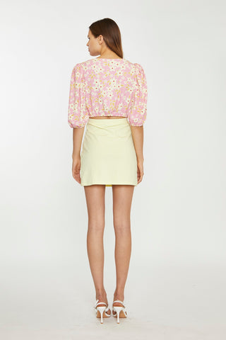 Pink-Olive-Yellow-Flower Tie-Front Crop Top