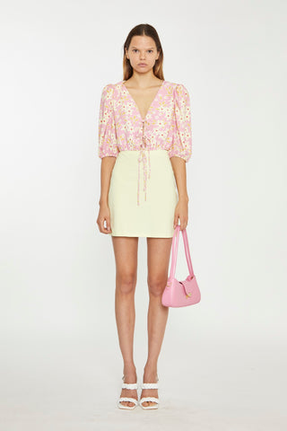 Pink-Olive-Yellow-Flower Tie-Front Crop Top
