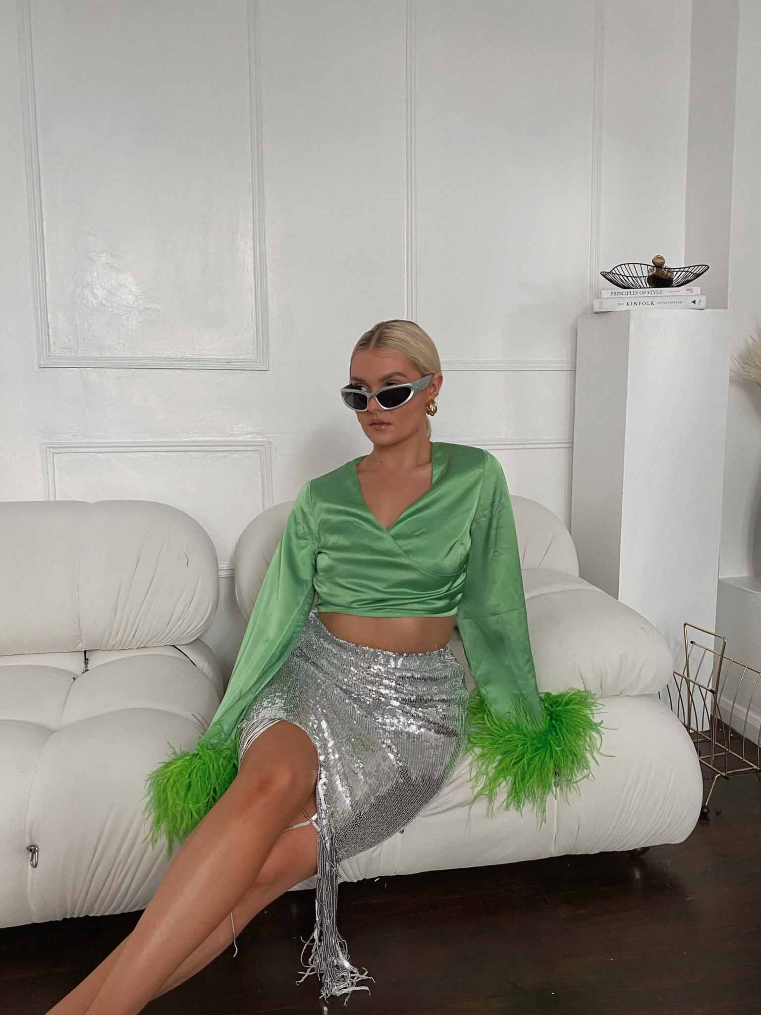 Glamorous Silver Sequin Fringe High Waisted Midi Skirt Glamorous