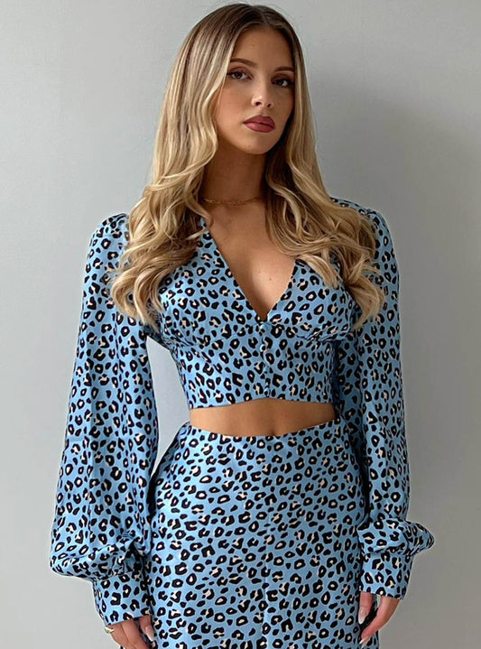 Glamorous Blue Leopard Print V-Neck Button Front Blouse