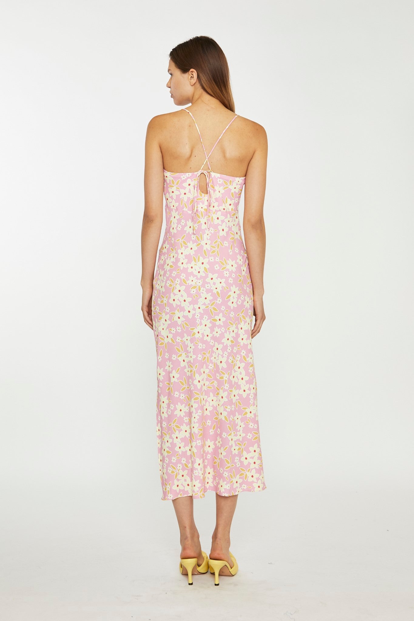 Pink-Olive-Yellow-Flower Midi Slip Dress