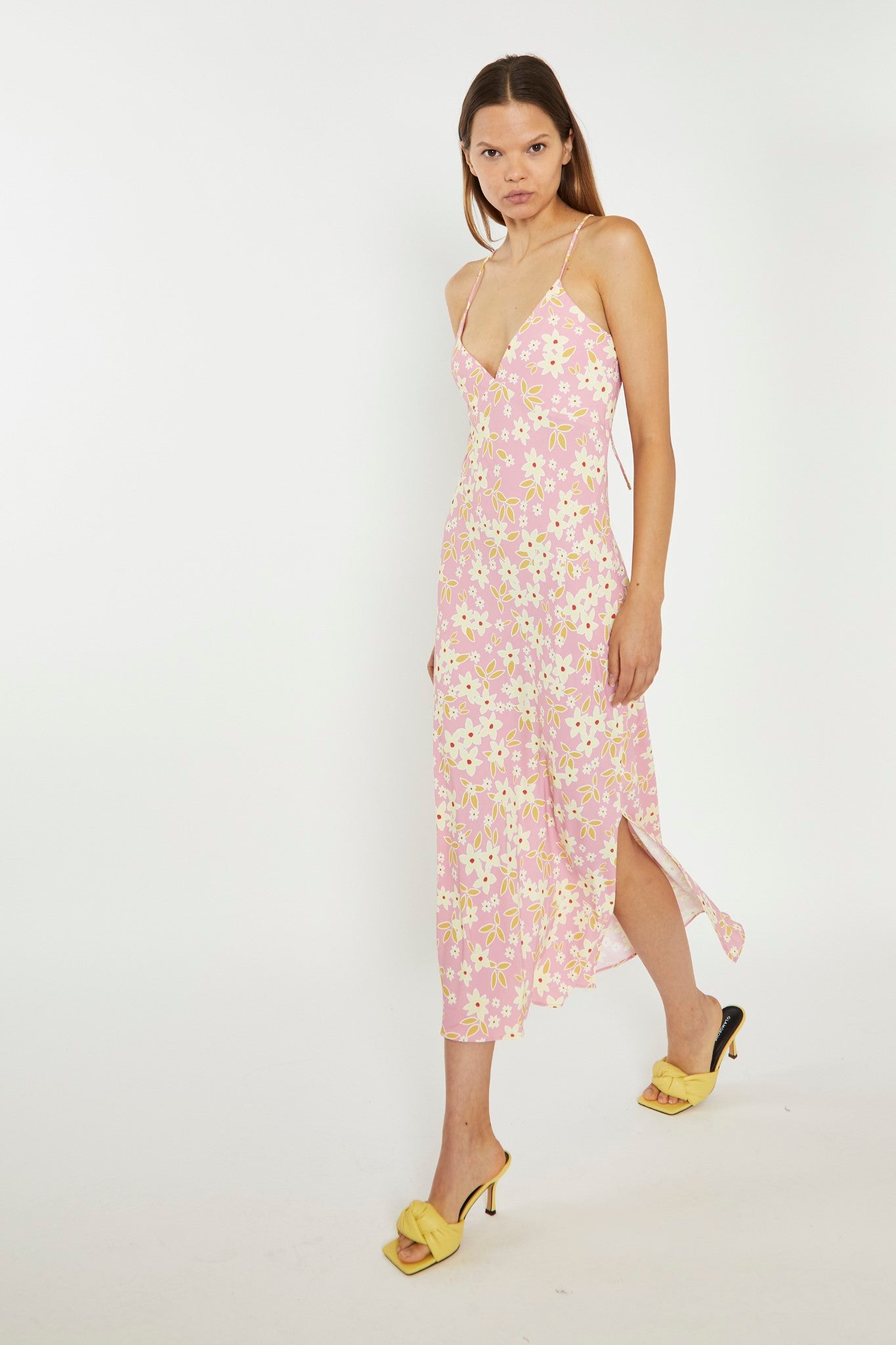 Pink-Olive-Yellow-Flower Midi Slip Dress