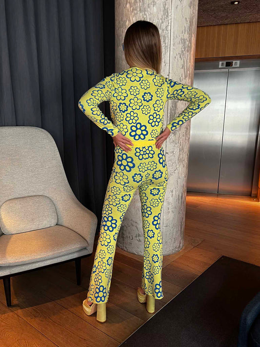 Glamorous Blue Yellow Flowers Intarsia Knit Flared Trousers