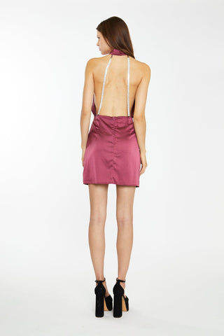 Dark-Raspberry Satin Diamante Strap Mini-Dress