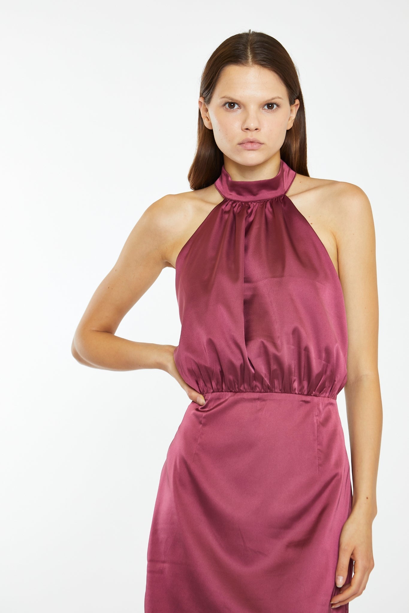 Dark-Raspberry Satin Diamante Strap Mini-Dress