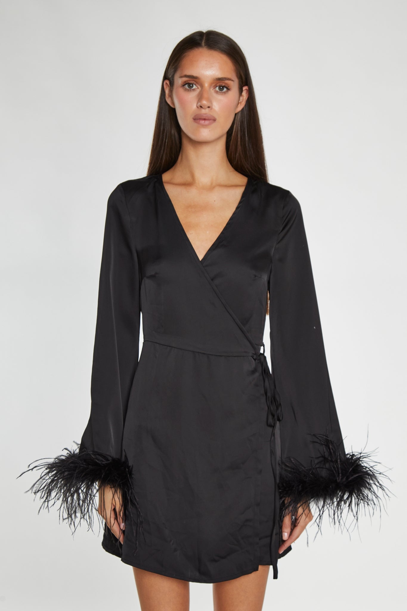 Black-Satin Feather Trim Wrap Mini-Dress