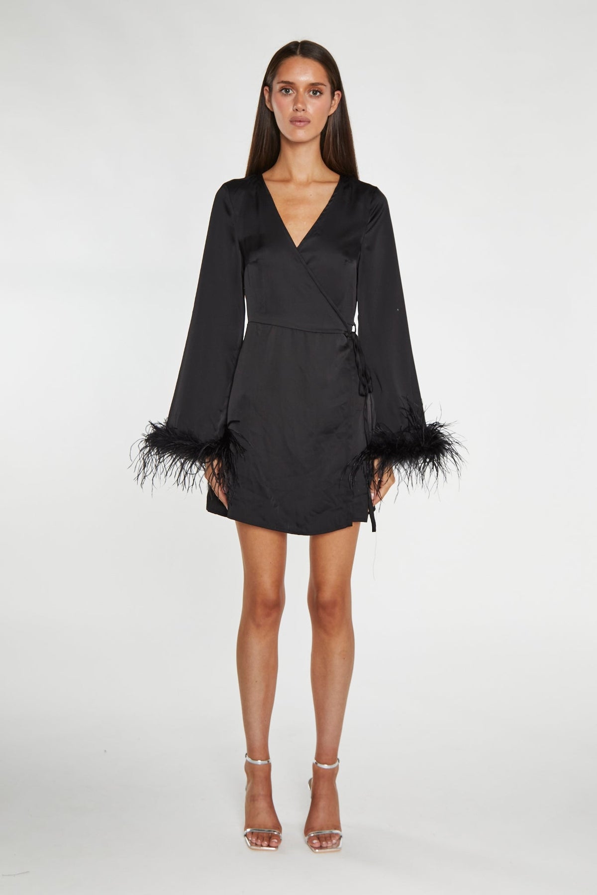 Black-Satin Feather Trim Wrap Mini-Dress Black-Satin Feather Trim Wrap Mini-Dress
