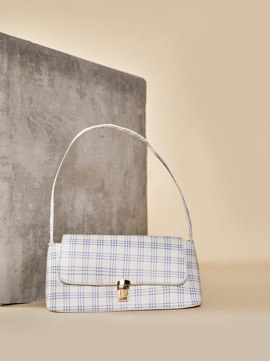 Glamorous White and Blue Check Baguette Shoulder Bag