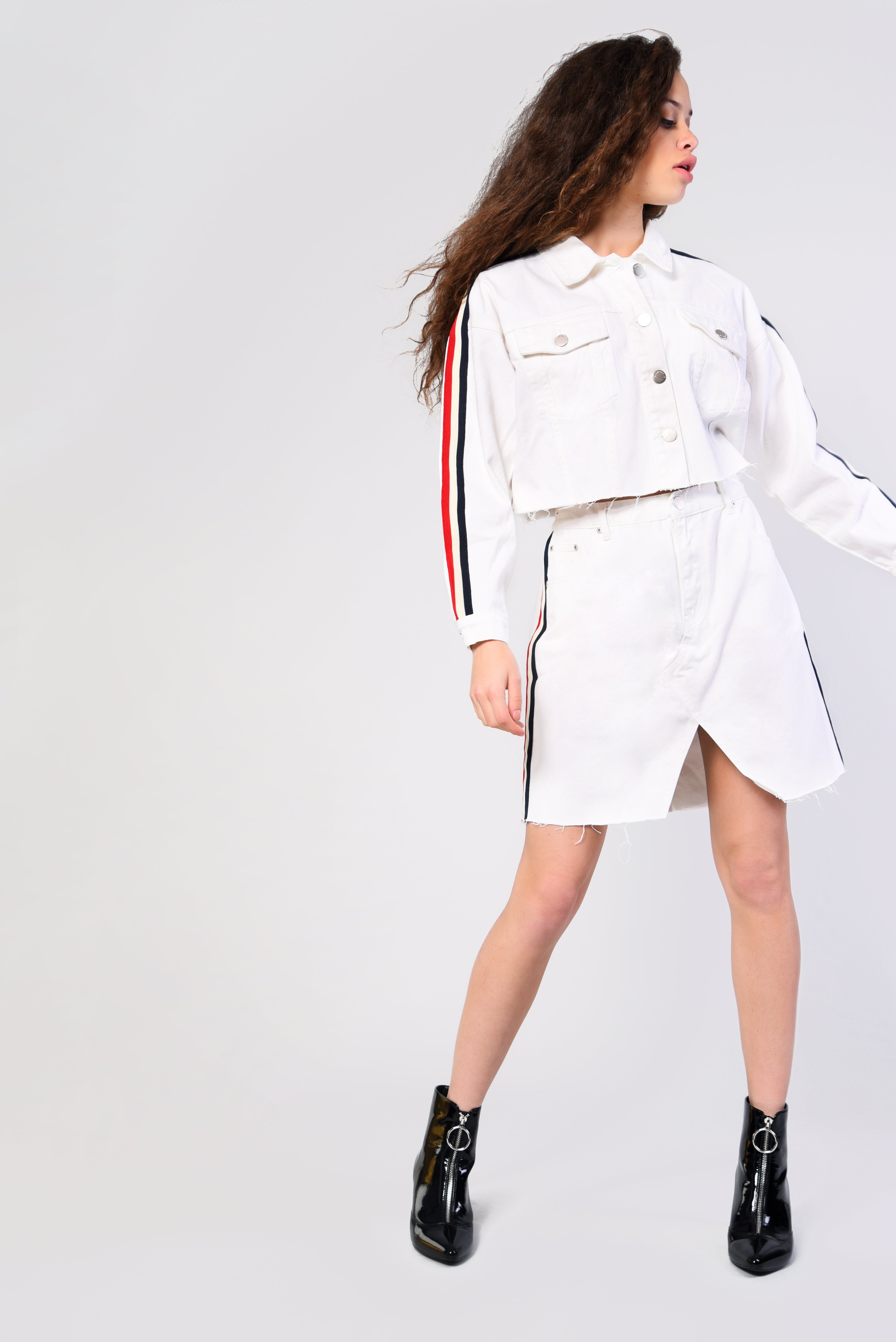 Glamorous White Denim Split Front Stripe Detail Mini Skirt