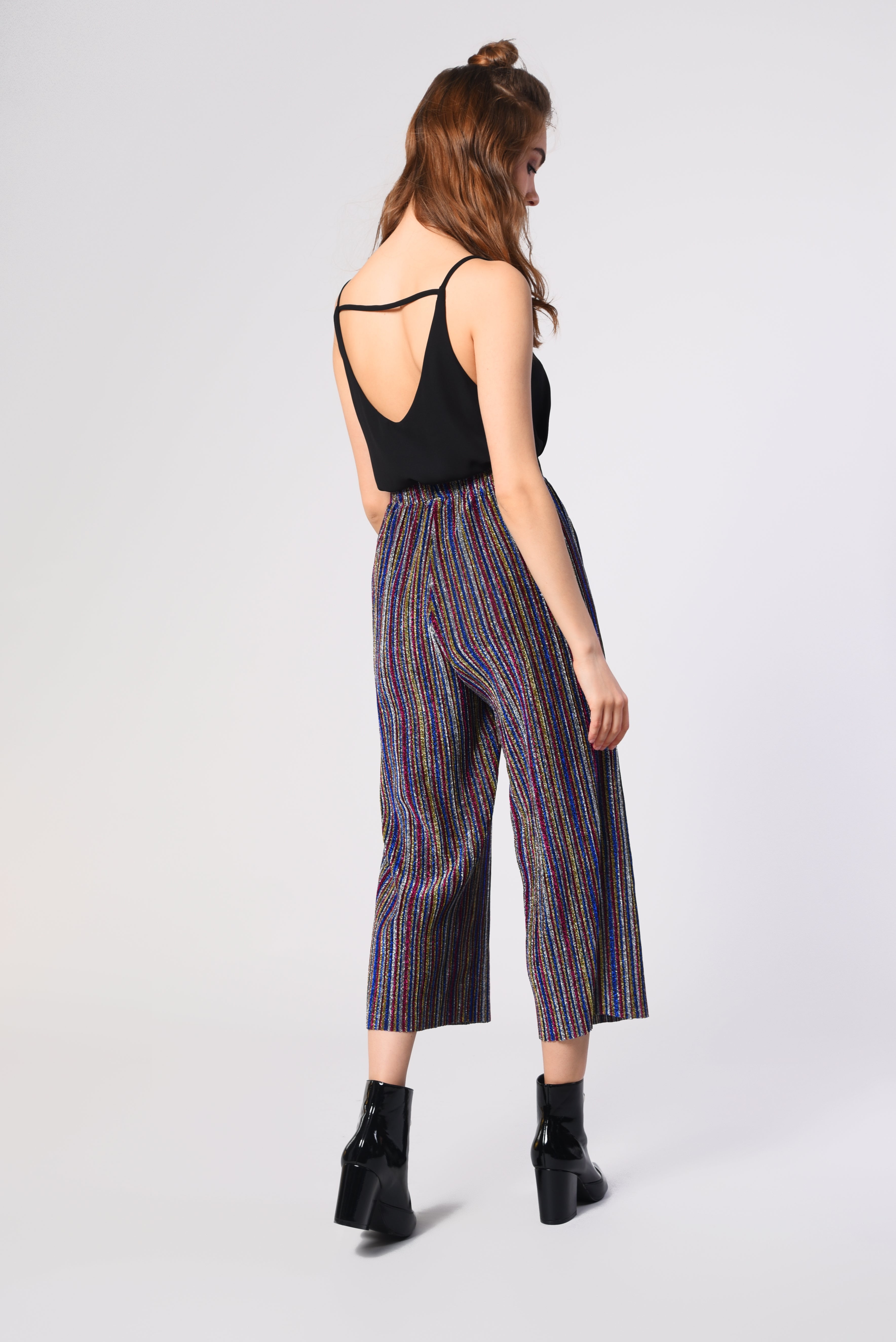 Glamorous Lurex Multi Plisse Stripe 3/4 Length Relaxed Trouser