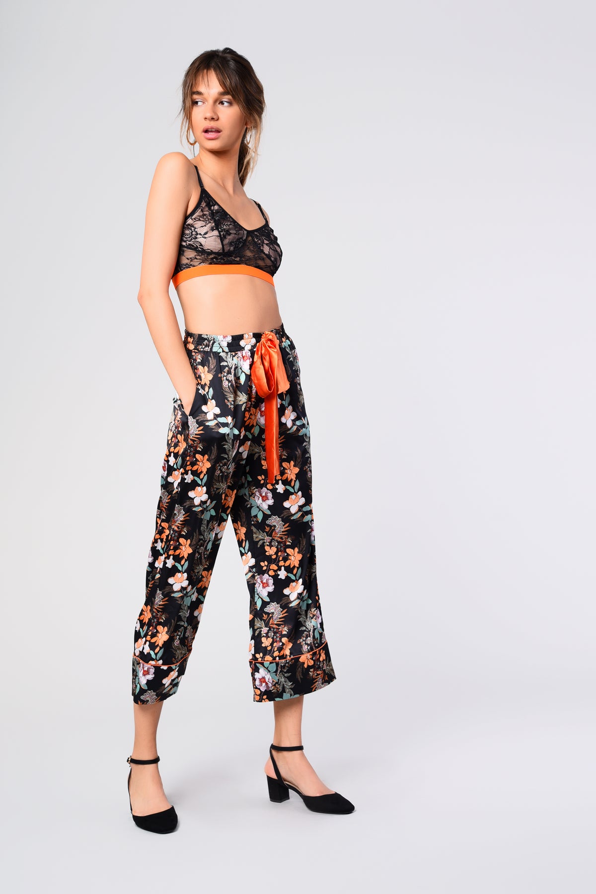 Glamorous Black Orange Floral Relaxed 3/4 Length Trousers