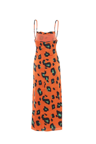 Glamorous Orange Green Leopard Cowl Neck Midi Slip Dress with Front Side Split