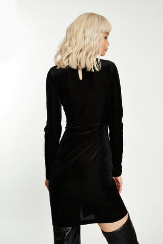 Glamorous Black Rib Velvet Fitted High Neck Mini Dress