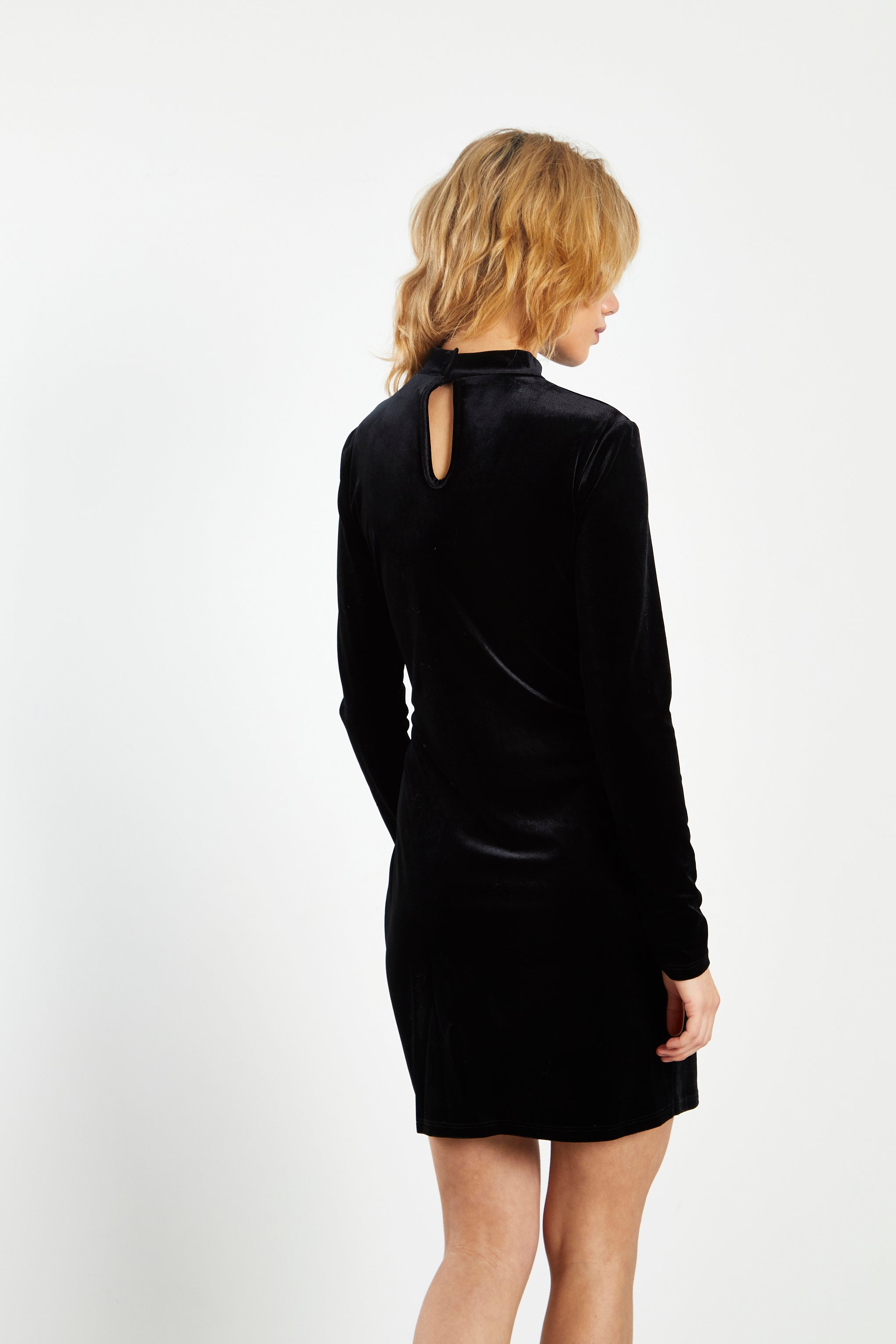 Glamorous Black Velvet High Neck Mini Dress with Front Side Split