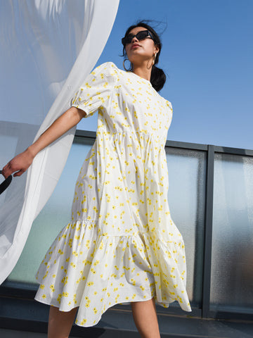 Glamorous White Yellow Flower Midi Dress