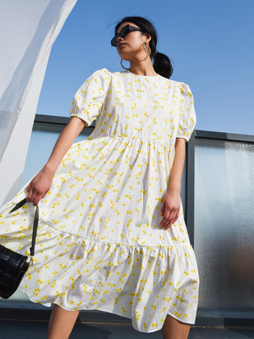 Glamorous White Yellow Flower Midi Dress