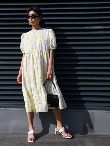 Glamorous White Yellow Flower Midi Dress