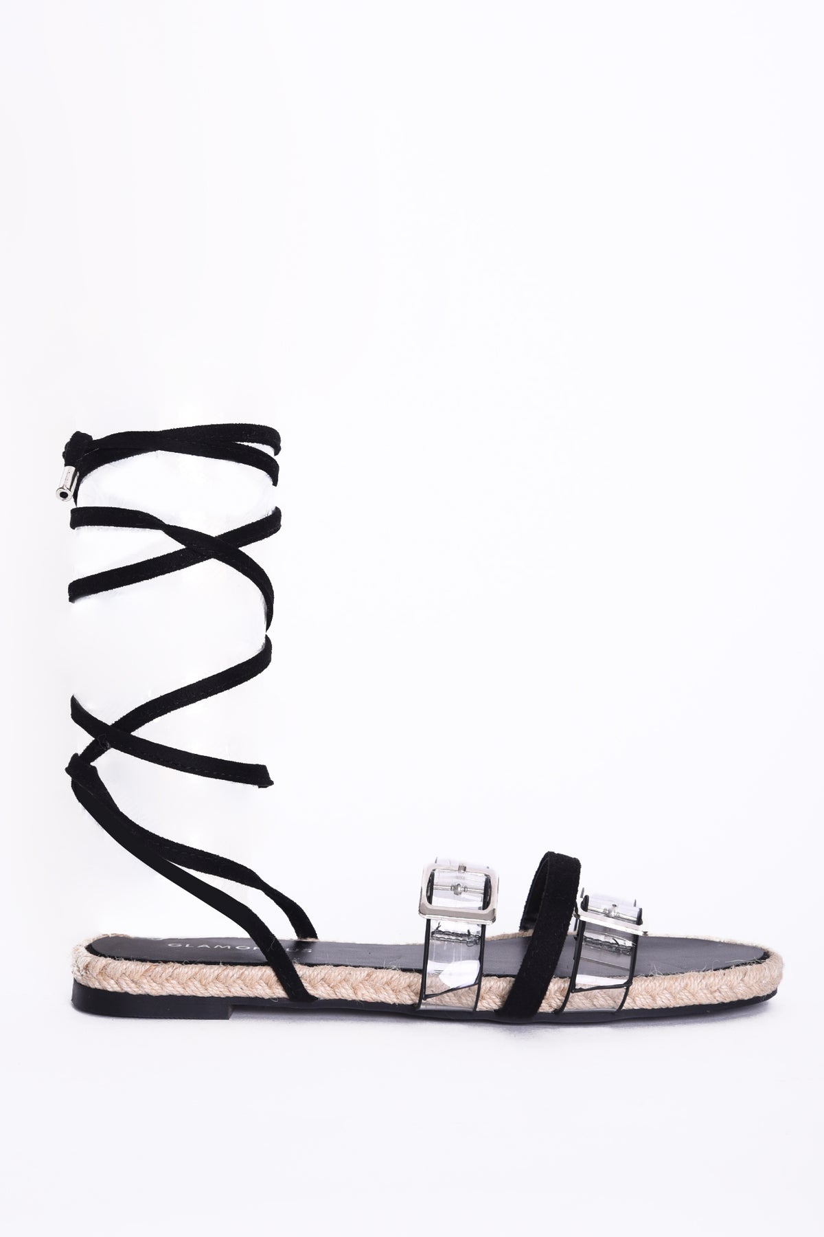 Glamorous Black Lace Up Clear Buckle Strap Sandals