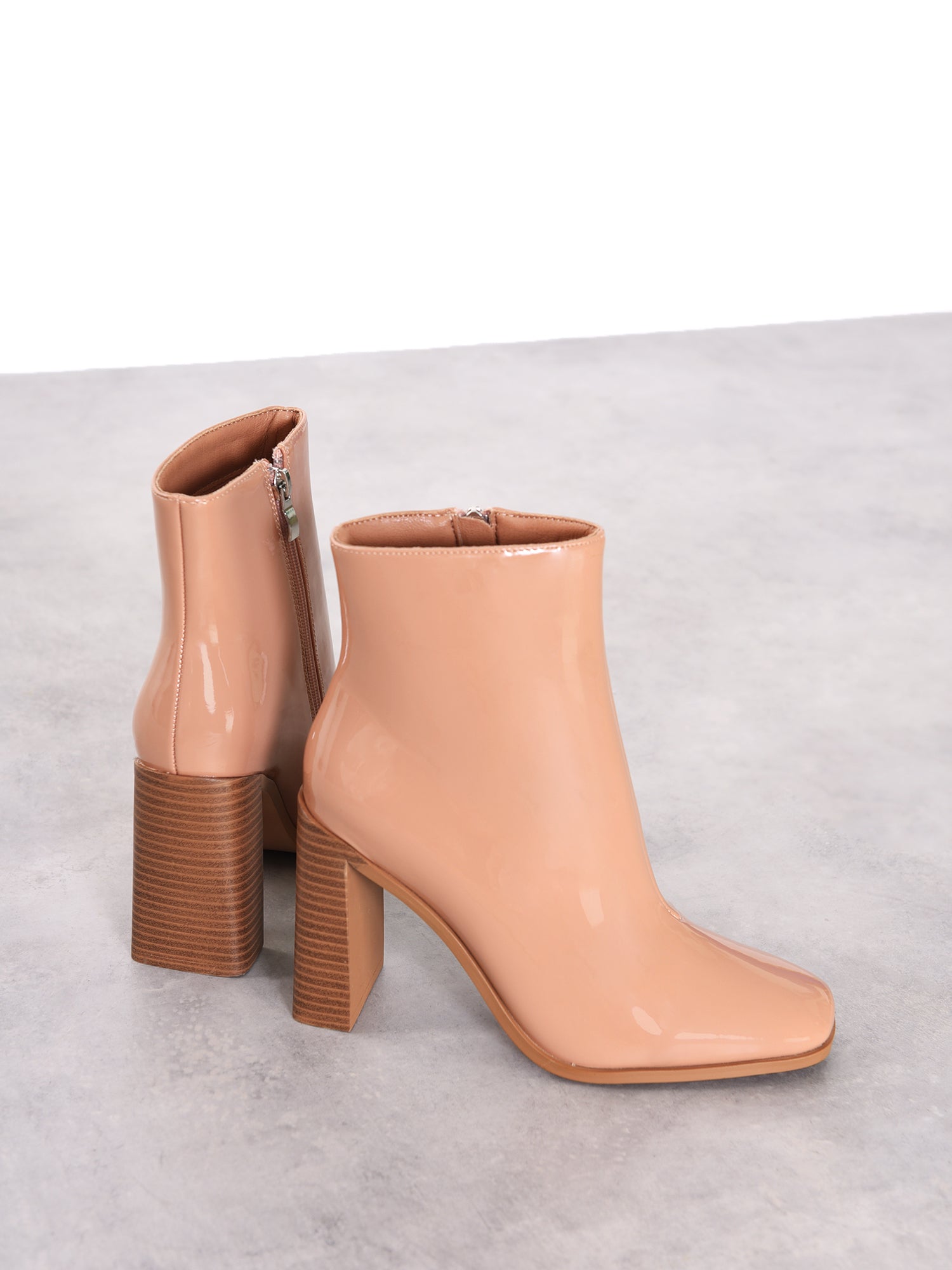 Beige Patent Square-Toe Chunky Heel Boots