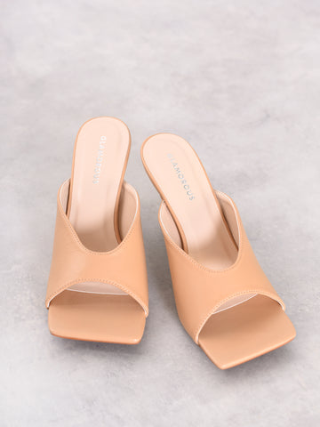 Tan Square Toe Heeled Mules