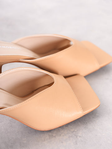 Tan Square Toe Heeled Mules