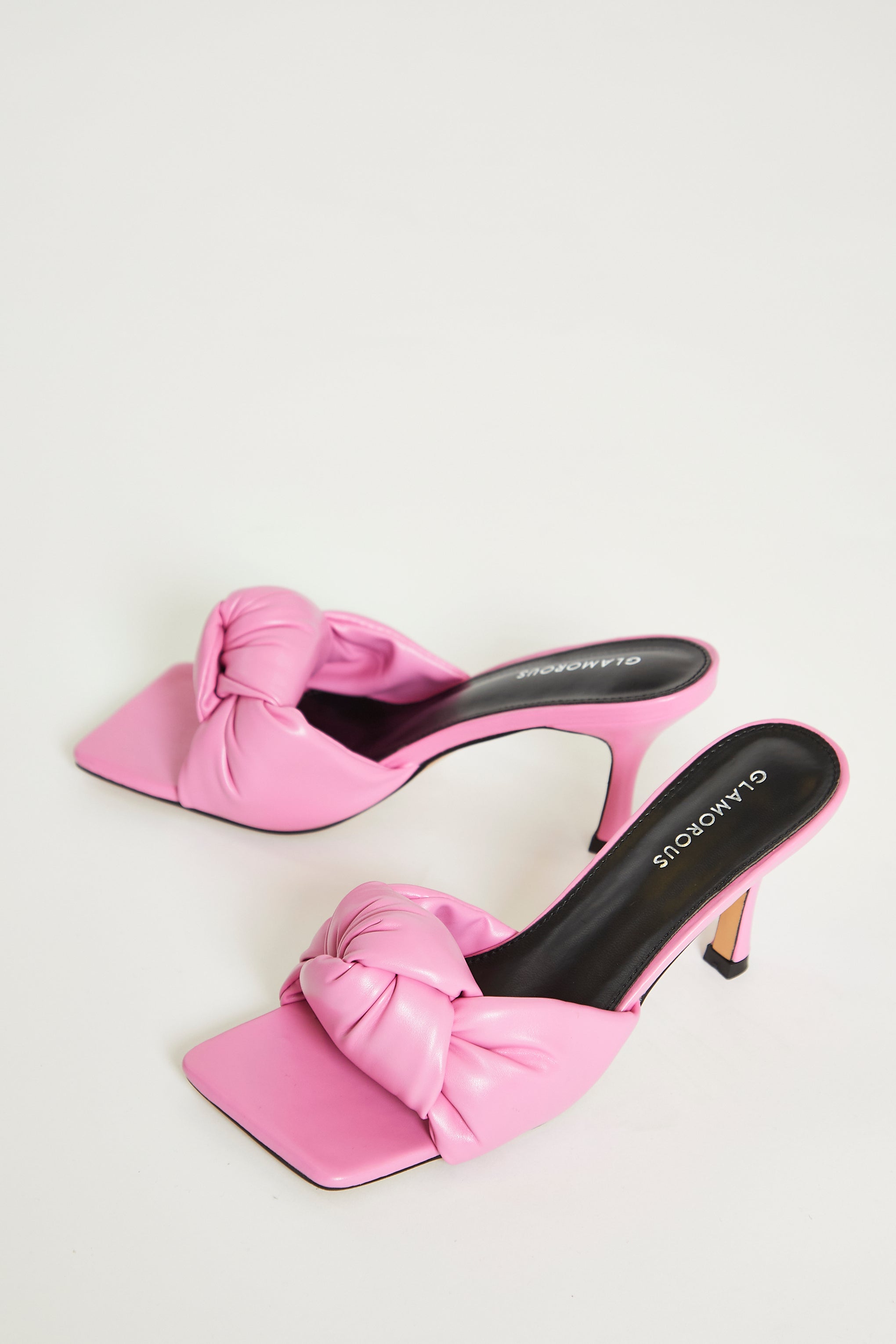 Glamorous knot front mid heel mule sandals in pink