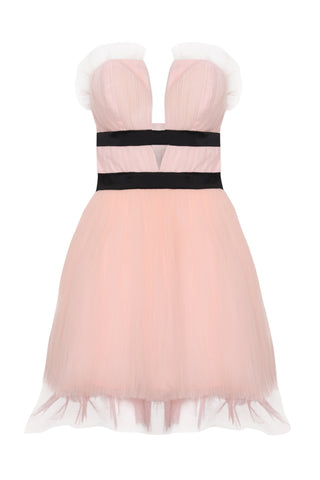 Light-Pink V- Neck Puff Ball Strapless Mini Dress