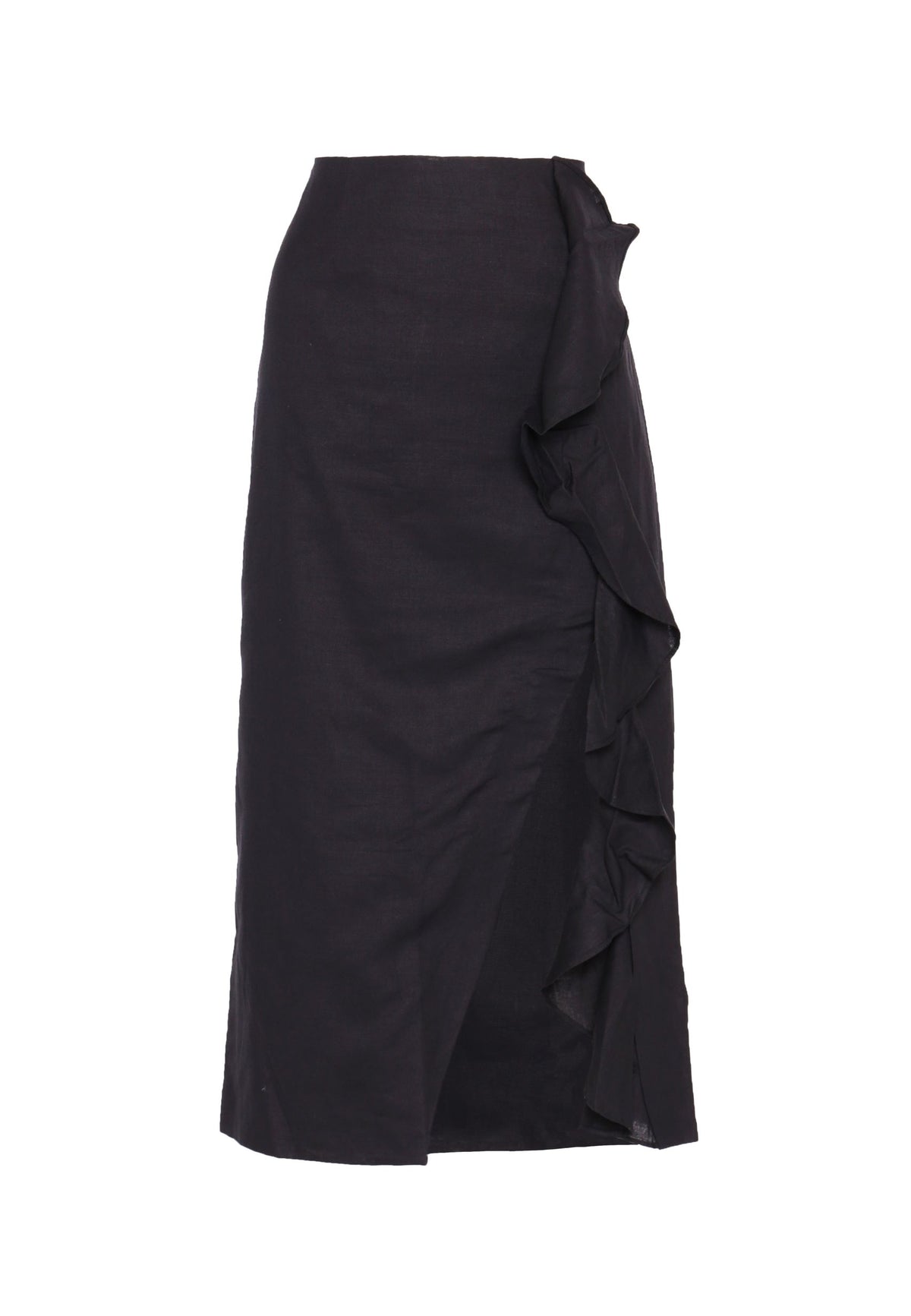 Glamorous Black Linen Look Midi Skirt with Front Side Split and Ruffle Hem
