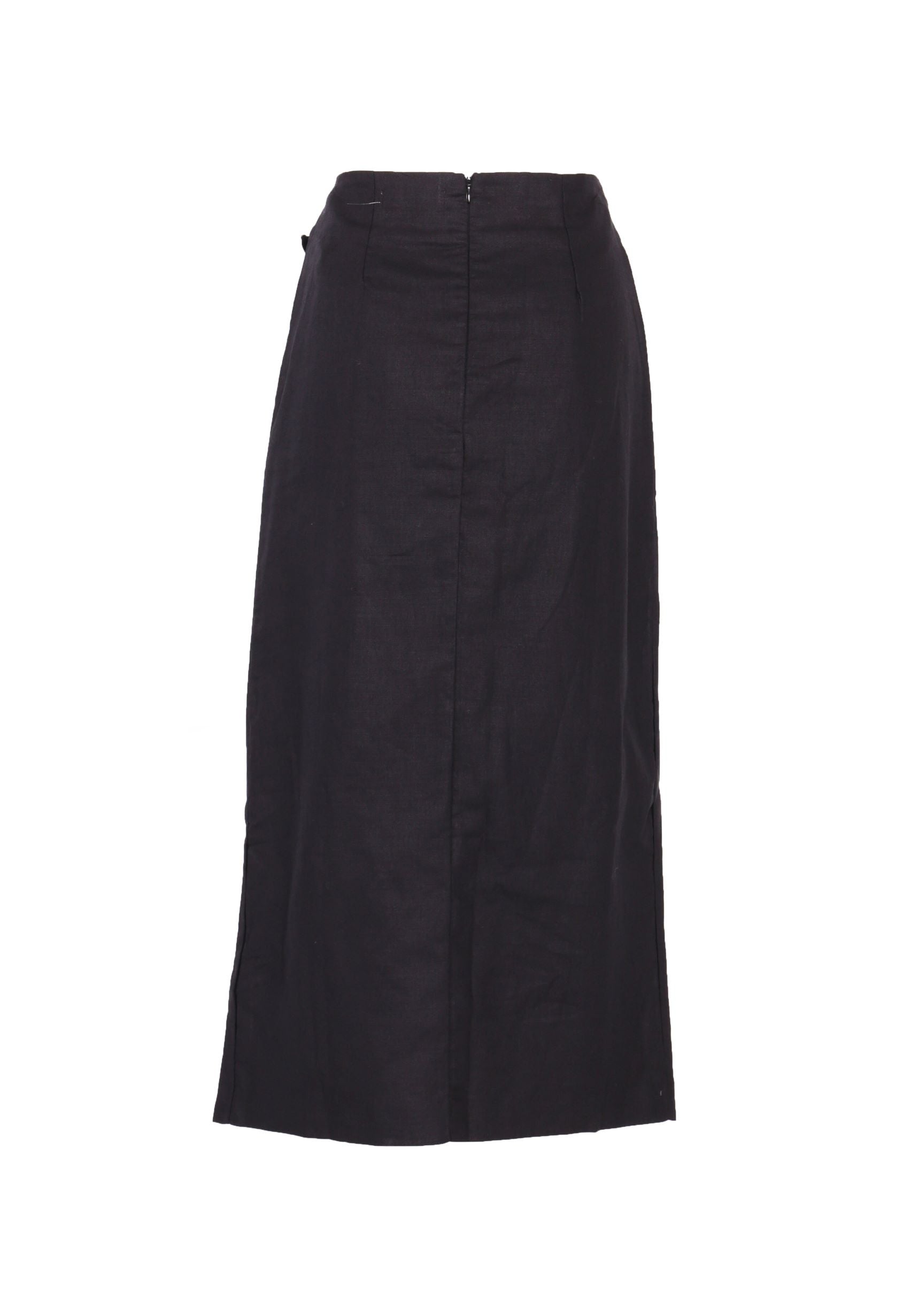 Glamorous Black Linen Look Midi Skirt with Front Side Split and Ruffle Hem
