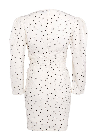 Glamorous White Heart Print V Neck Mini Dress with Puff Sleeves and Ruched Seams